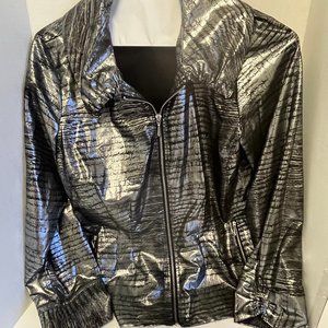 Zynergy by Chico's (sz 1, M) Silver shiny jacket, animal print, Excellent Cond